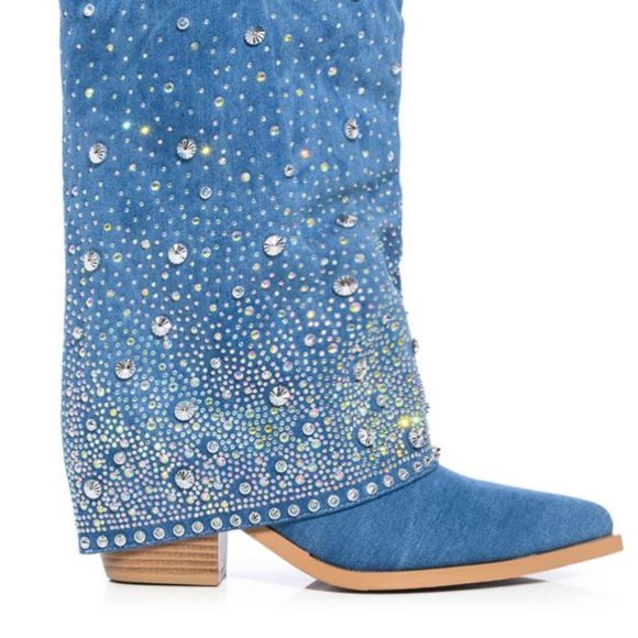 AZALEA WANG Mellow Denim Western Rhinestone Studded Cowgirl Cowboy Boots 7-11 - Picture 5 of 12